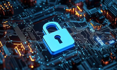 Sticker - blue digital security background with a lock symbol and circuit board patterns, representing data pr