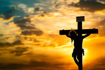 Poster - Silhouette of Jesus with Cross over calvary sunset concept for religion, worship, Christmas, Good Friday, Easter, Jesus he is risen, Thanksgiving prayer and praise, resurrection sunday