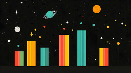 Colorful Bar Graph with Planets and Stars on Black Background