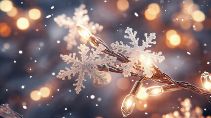 Christmas lights and artificial snowflakes, close up