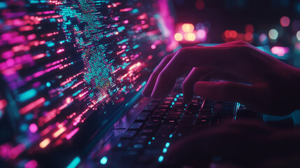 A 3D rendering of a programmer typing code, featuring various coding symbols and icons that represent source languages and software development. This image reflects a data programming project within t