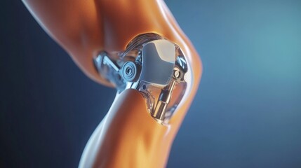 Aufkleber - A close-up of a robotic knee joint. The knee is made of metal and has a transparent casing, revealing the inner workings of the joint.