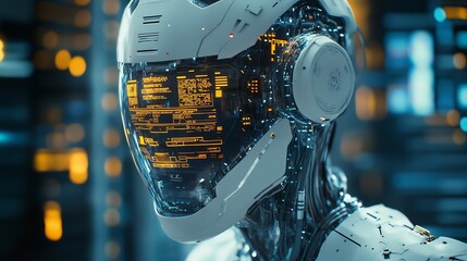 A futuristic robot head showcasing advanced technology with a glowing interface and intricate details in a cybernetic environment.