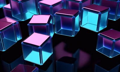 Wall Mural - 3d render, abstract background with blue and purple glass cubes on a black background. abstract, fut