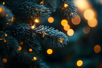 Wall Mural - Close-up of snow-dusted pine branches with glowing bokeh lights, capturing a serene winter holiday atmosphere.