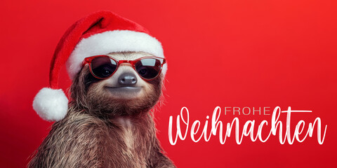 Wall Mural - frohe weihnachten urlaub winter hintergrund grußkarte mit deutschem text - cooles faultier mit weihn