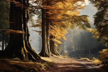 Poster - Autumn trees landscape outdoors woodland.