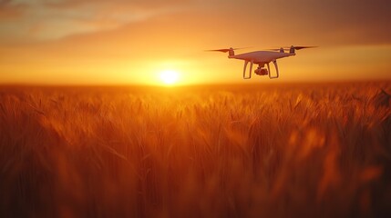 Poster - A drone captures aerial views of a vast wheat field under a vibrant sunset. The warm colors of the sky highlight the landscape, creating a serene atmosphere.