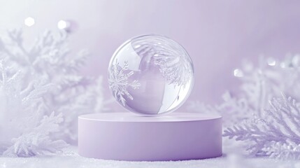 Poster - A delicate crystal sphere sits atop a lavender pedestal, reflecting intricate snowflake patterns. Surrounding it is a gentle blanket of faux snow, creating a serene winter atmosphere with soft light.