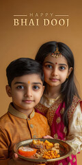 Happy Bhai Dooj Greeting Card with Brother and Sister Holding a Plate of Sweets. Fictional Character Created By Generative AI.