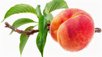 Wall Mural - Close-up of a single peach with leaves and water droplets on a branch