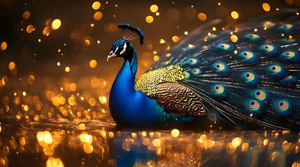 Wall Mural - A majestic peacock with vibrant blue and green plumage stands out against a background of shimmering golden bokeh lights.
