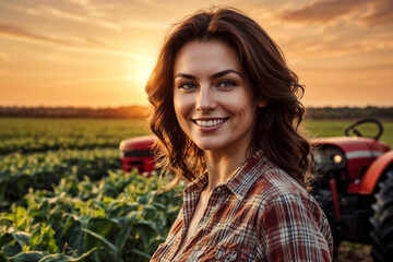 Perfect smiling farmer brunette lady in agriculture field with tractor at sunset background. Farmer woman in front of equipment on harvested countryside. Happy harvesting concept. Copy ad text space