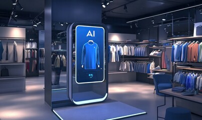 Futuristic AI Shopping Kiosk in Modern Clothing Store