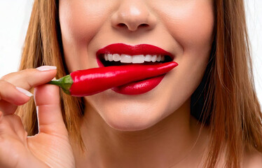 Wall Mural - Beautiful young woman biting down onto a chili pepper fruit