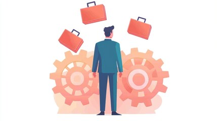 A professional figure managing multiple tasks represented by briefcases and gears, work-life balance and efficiency.