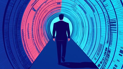 Poster - A silhouetted figure walks through a colorful tunnel filled with binary data, technology and digital transformation concept