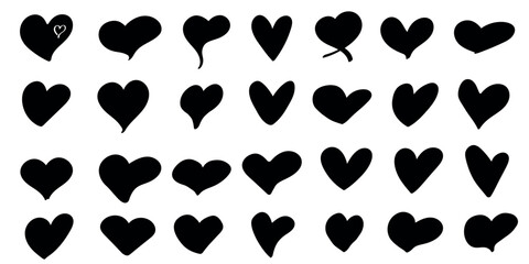 Set of different simple red hearts isolated on white for Valentines day card or t-shirt design. Hand drawn style. Vector illustration.