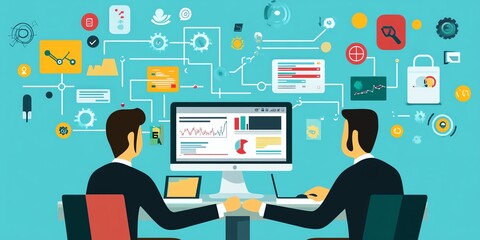 Twoperson project management, product reviews, stock market data, network interactions, flat design illustration