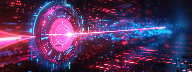 Glowing target, arrow shooting towards the center, hitting targets, achieving goals, concept of futuristic innovation, digital technology background