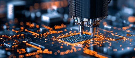 Wall Mural - high tech robotic arm assembling components on circuit board, showcasing precision and automation in