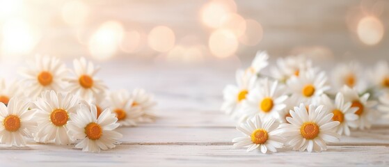 Beautiful daisy flowers on a wooden surface with soft bokeh lights.