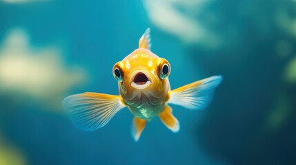 fish swimming with a surprised look, aquarium blue background with bright lighting