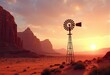 © NgoHong - Windmill in Desert Landscape at Sunset .