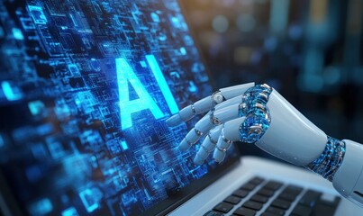 AI Robot Hand at Laptop Keyboard with Digital Interface