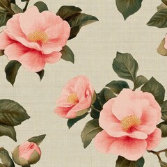 Vintage Camellia bouquet on vintage beige fabric background, seamless repeating pattern, textile print style, minimal, elegant floral bouquet design, festive decor, textiles