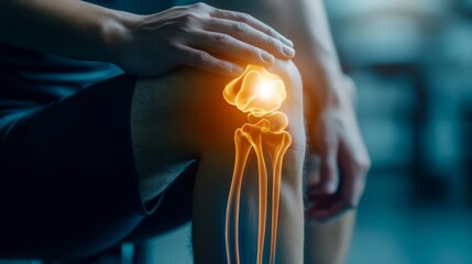 A person sits with a hand resting on their knee, illustrating a detailed anatomical view of the knee joint