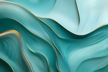 Leinwandbilder - This image presents soothing aqua waves intertwined with gold lines, forming a fluid abstract artwork that brings a sense of tranquility and artistic innovation.