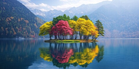 Poster - A serene island with colorful autumn trees reflects in calm water. This landscape captures the beauty of nature and tranquility. Perfect for relaxation and inspiration. AI