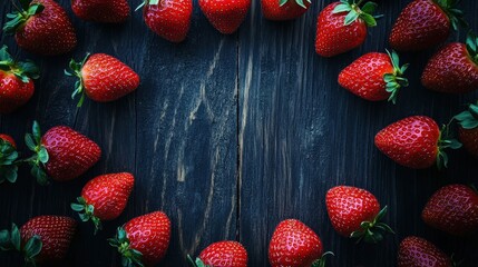 A top view flat lay of vibrant strawberries arranged in a circular border on a rustic wooden background.