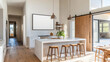 © Elena - Contemporary Open-Plan Kitchen: Sleek Design with Vertical Poster Mockup, Pendant Lights, Breakfast Bar, and Airy Natural Light. High-End Finishes and Commercial Appeal.