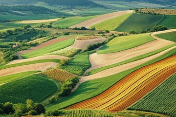 This image captures the undulating, lush green and gold farm landscapes with beautifully shaped fields, showcasing the harmony of human cultivation with nature's curves.