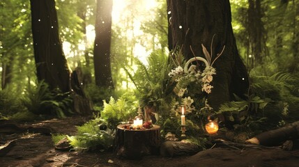 Poster - A forest scene with a tree trunk that has candles and flowers on it
