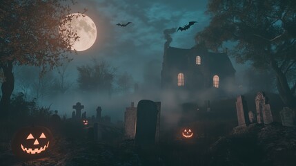 Wall Mural - A dark, eerie Halloween night, full moon glowing brightly, fog rolling through an old cemetery with tombstones, jack-o'-lanterns glowing with candles