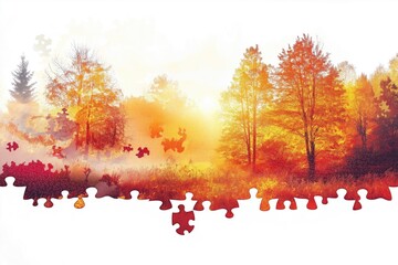 Wall Mural - A close-up view of a stunning autumn landscape with vibrant trees and a soft, warm glow.