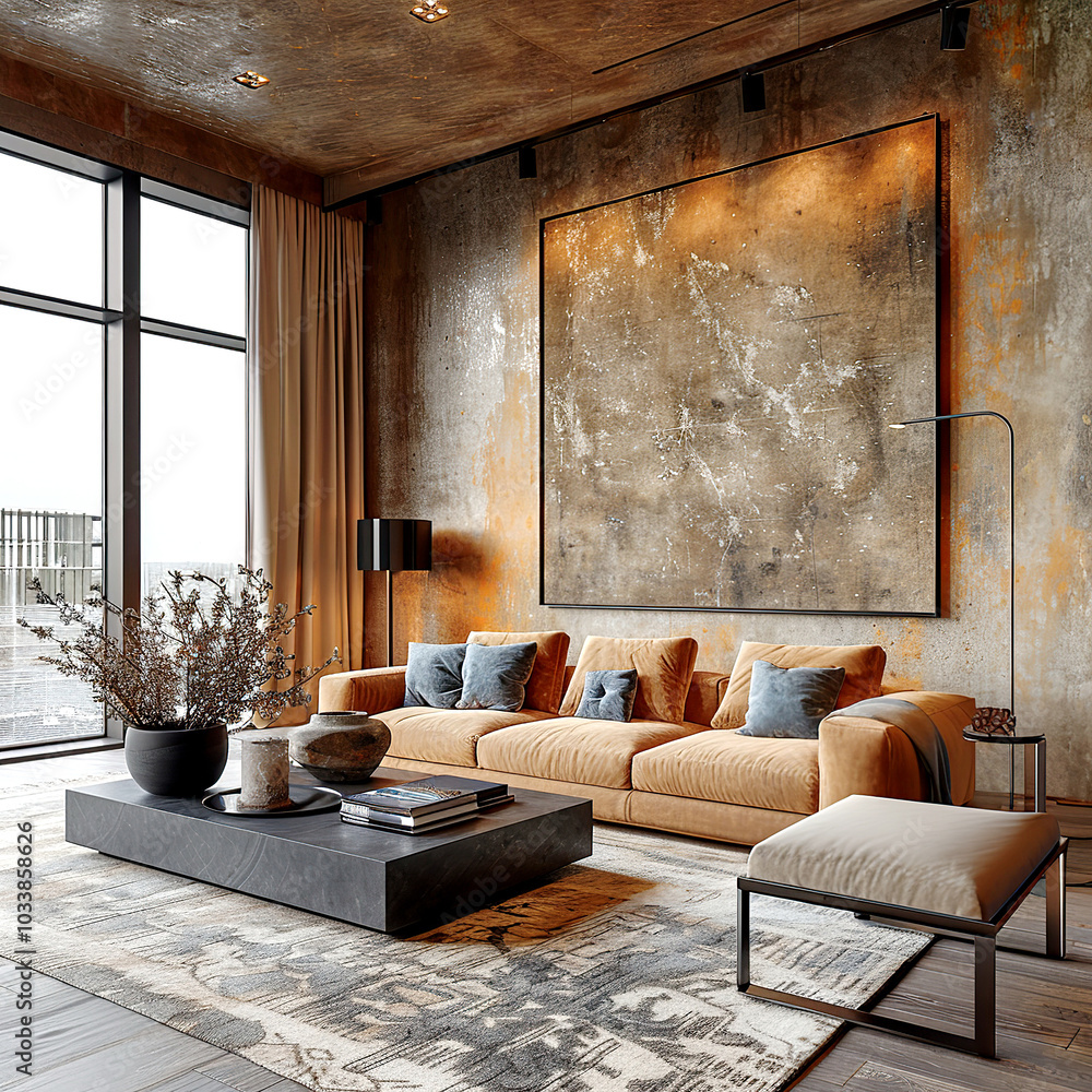 Minimalist, loft interior design of modern living room with earthy ...