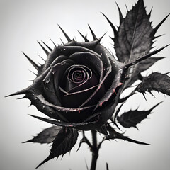 A black rose with sharp thorns and roots slightly protruding as if trying to dig into the soil.