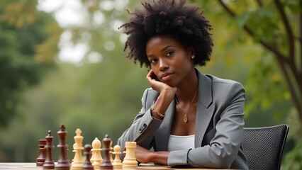 Poster - Black woman contemplating a chess move waearing professional attire, sitting outside in a beautiful setting