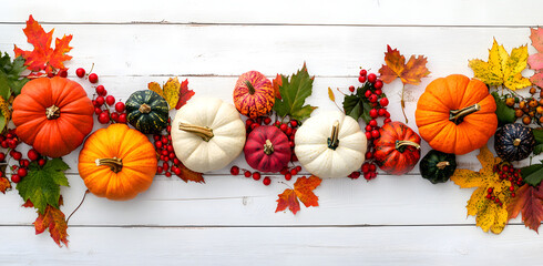 Canvas Print - Festive autumn decor from pumpkins, berries and leaves on a white wooden background. Concept of Thanksgiving day or Halloween. Flat lay autumn composition with copy space.