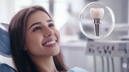 Poster - A patient at a contemporary dental clinic looks up with a smile, contemplating dental implants