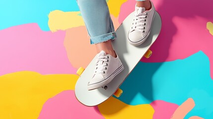 a person skateboarding on a colorful abstract background in casual attire during a sunny day, showca