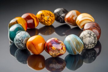 A bracelet featuring a diverse array of brightly colored stones, each with its unique pattern and design, creating a vibrant and cohesive accessory piece.