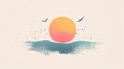 Wall Mural - a painting of a sun and two birds over a body of water