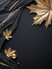 Wall Mural - Elegant black background with golden leaves and decorative elements, perfect for autumn-themed designs.