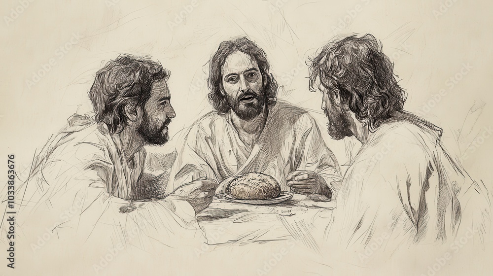 Biblical Scene Of The Resurrected Jesus Breaking Bread With His