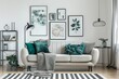 © JIALU - Cozy white living room with sofa, blanket, and pillows, featuring green and blue accents in poster frames, a stylish lamp, and a black shelf.